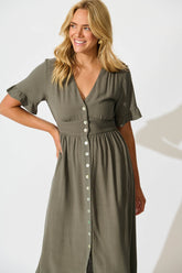 Khaki Linen Blend Midi Dress by Daysia